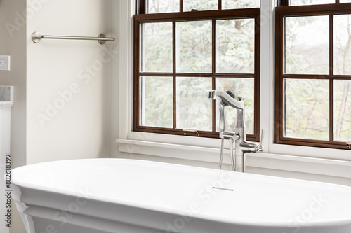 A freestanding bathtub faucet detail in front of a wood framed window with a blurred ourside and tan walls.