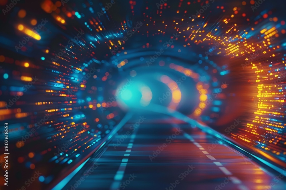 A tunnel with a blue and orange light A tunnel with a blue and orange light