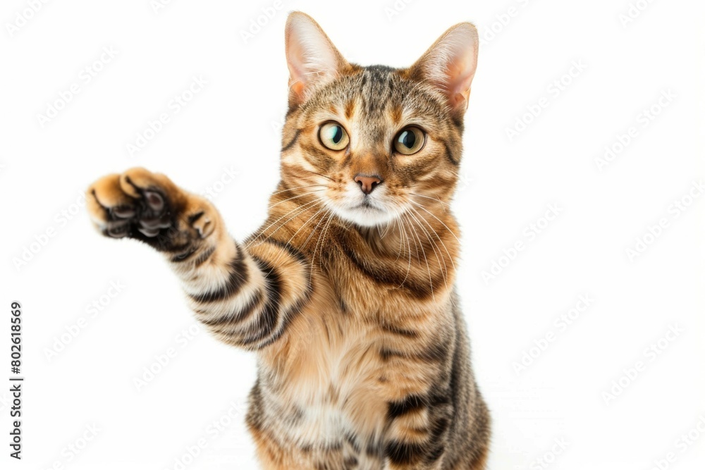 A cat with a paw raised in the air, looking at the camera