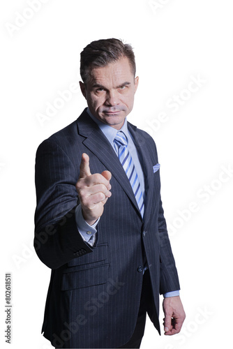 A successful businessman shows a gesture of attention with his finger pointing up with his hand