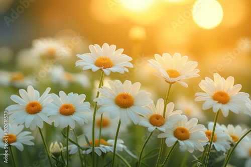 Chamomiles or daisies bloom in a field. Background with selective focus and copy space