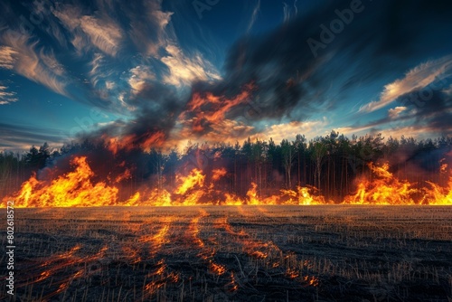 A field of dry grass is on fire, with the sky in the background
