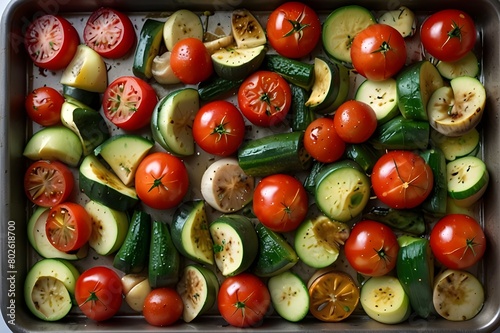 Italian Oven Roasted Vegetables on a Sheet Pan: Roasted grape tomatoes, zucchini, mushrooms, red potatoes, garlic cloves
 photo