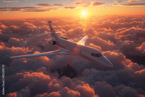 "Aircraft Soaring Above Sunset Clouds: Realistic CGI Rendering with Stunning Sunset Atmosphere"