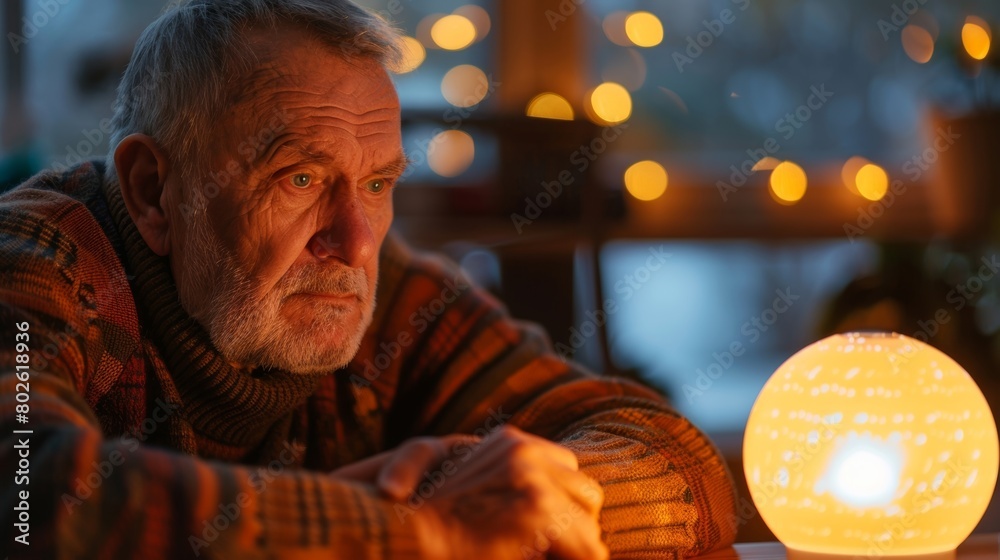 A man using a sad lamp while working on a puzzle or other soothing activity to provide a calming atmosphere and improve concentration. A man using a sad lamp while working on a puzzle or other soothing activity to provide a calming atmosphere and improve concentration.