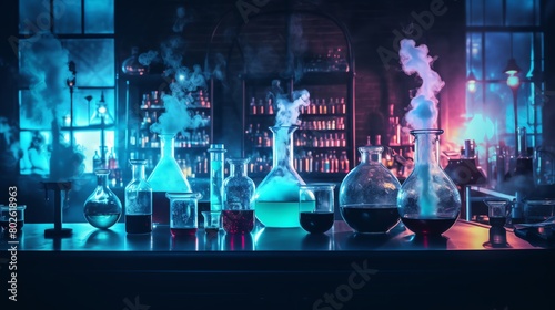 A laboratory setup with various flasks and test tubes emitting colorful gases under soft blue lighting to highlight experimentation and chemical reactions photo