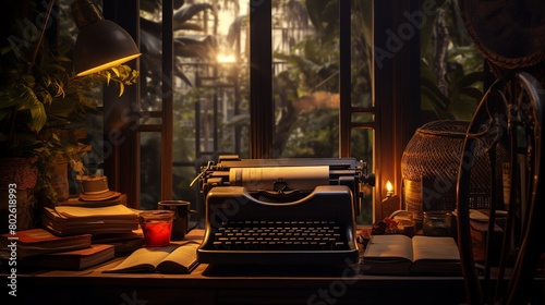 A writer at an old typewriter in a cozy attic room surrounded by books and papers lost in the process of creating a fictional world highlighting the creative power of imagination photo