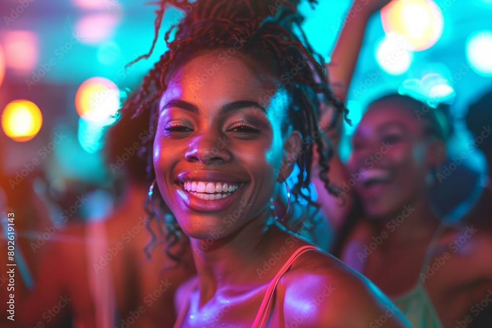 A woman with curly hair is smiling and dancing in a club A woman with curly hair is smiling and dancing in a club