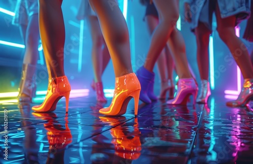 A group of women are dancing in neon lights