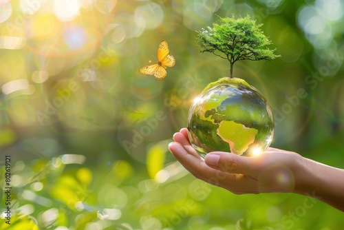 Earth crystal glass globe ball and growing tree in human hand. Saving environment, save clean planet, ecology concept. Card for World Earth Day - generative ai