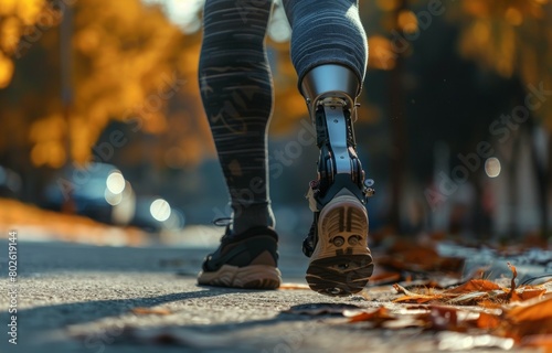 A person with a prosthetic leg is walking down a street. Disabled athlete concept