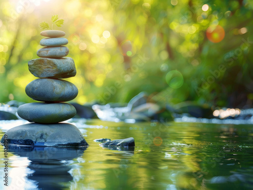 zen concept, stack of beauty stone with blurred river stream at the morning, copyspace area - ai