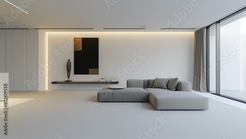 Simplicity and Artistry: Living Room with Grey Sofa and Wall Lighting © 대연 김