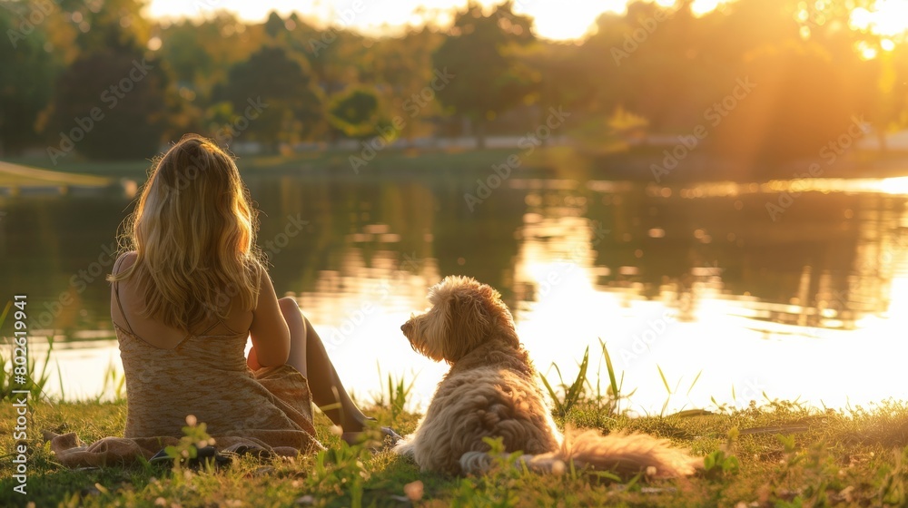 Middle Eastern Woman and Her Doodle Dog Enjoying Sunset by the Lake Middle Eastern Woman and Her Doodle Dog Enjoying Sunset by the Lake