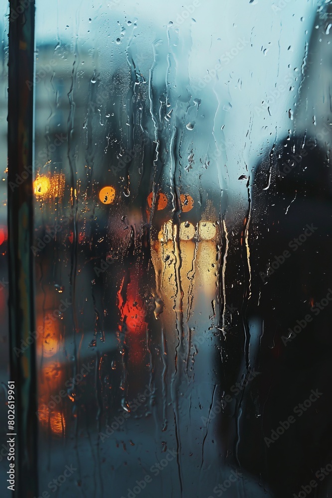 Obraz premium Illustration portrays rainy scene, blurred world outside window reflects depression's emotional isolation, muted palette conveys sense of detachment.