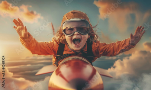 Photo of happy child in pilot costume flying on rocket at sunset sky, with open mouth and wearing glasses, dream concept for future vision or flight to the moon
