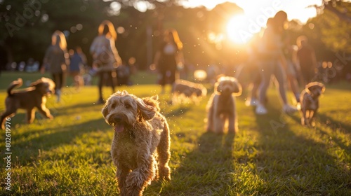 Sunset Celebration: International Doodle Dog Day, Owners and Pets Enjoying Golden Hour at Park photo