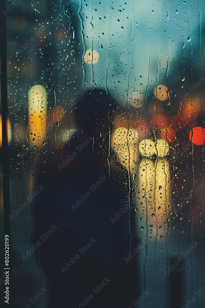 Obraz premium Illustration captures rainy scene, blurred world reflects depression's emotional isolation, muted palette conveys detachment.