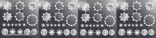 Set of circle silver frames with a silver snowflakes.