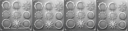 Set of circle silver frames with a silver snowflakes.
