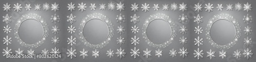 Set of circle silver frames with a silver snowflakes.