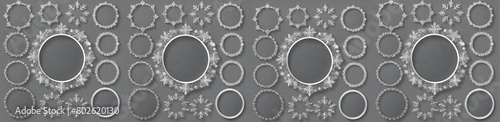 Set of circle silver frames with a silver snowflakes.