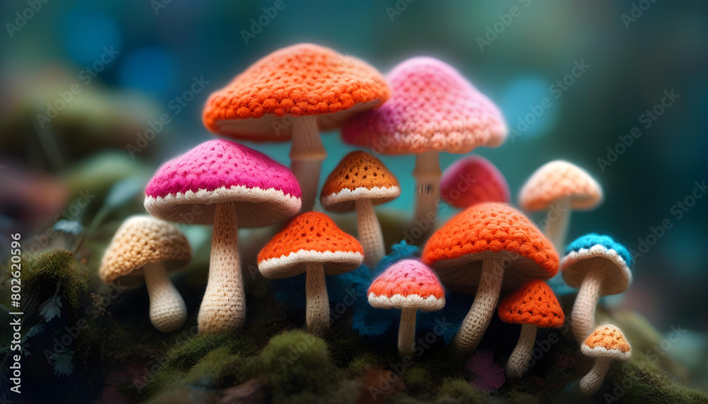 Obraz premium A digital artwork of crocheted mushrooms in vibrant colors with a mossy background