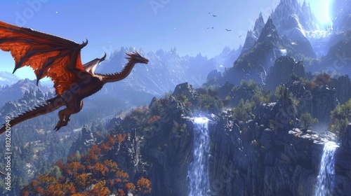 A majestic dragon soaring above a vast mountain range pausing to bow towards a shimmering waterfall that is said to be the entrance . .