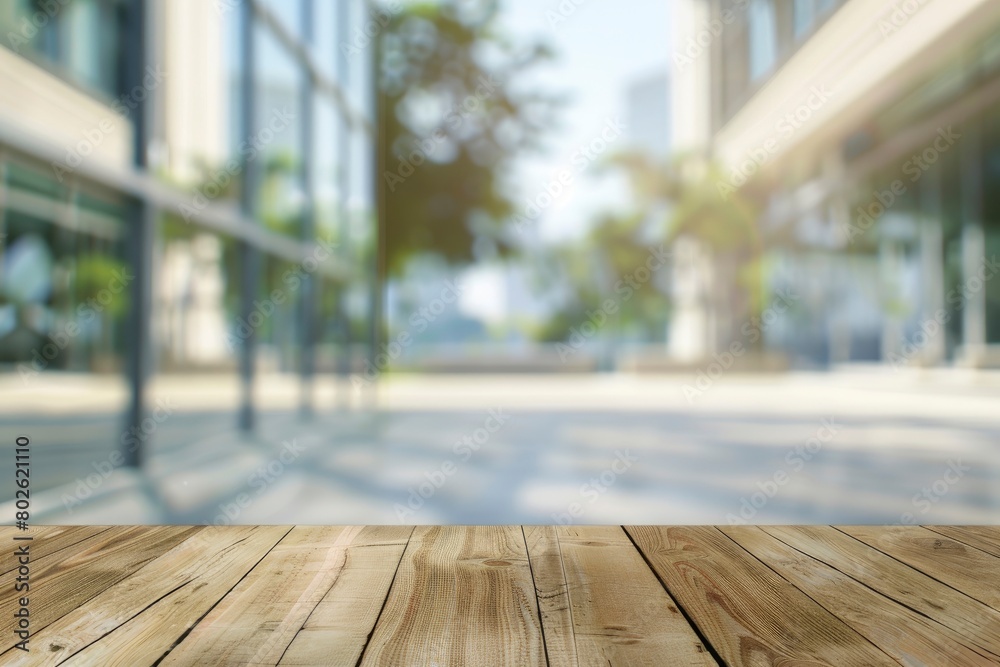 Empty wood table top and blur glass window wall building banner mock up abstract background - can used for display or montage your products - generative ai Empty wood table top and blur glass window wall building banner mock up abstract background - can used for display or montage your products - generative ai