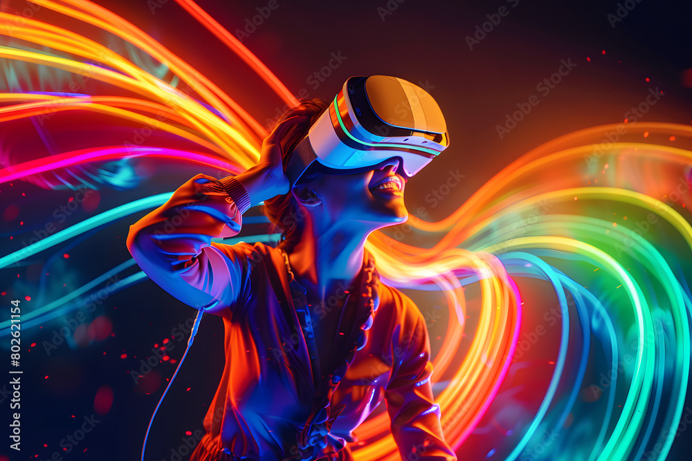 Young woman exploring in VR headset
