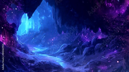 Luminous Glowing Caves: Illuminated Depths Below. Fantasy landscape anime or cartoon style, looping 4k video animation background