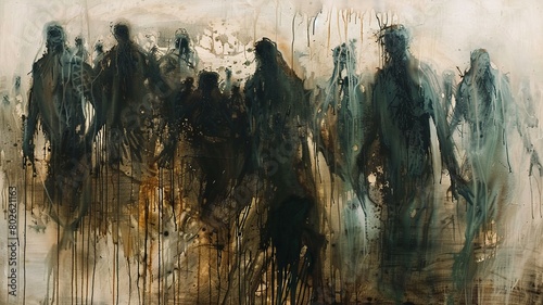 Oil painting of a group of people walking in a field. The figures are dark and shadowy, and the background is light and hazy. photo