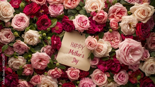 A beautiful bouquet of pink and red roses with a tag with the words Happy Mother s Day written on it.