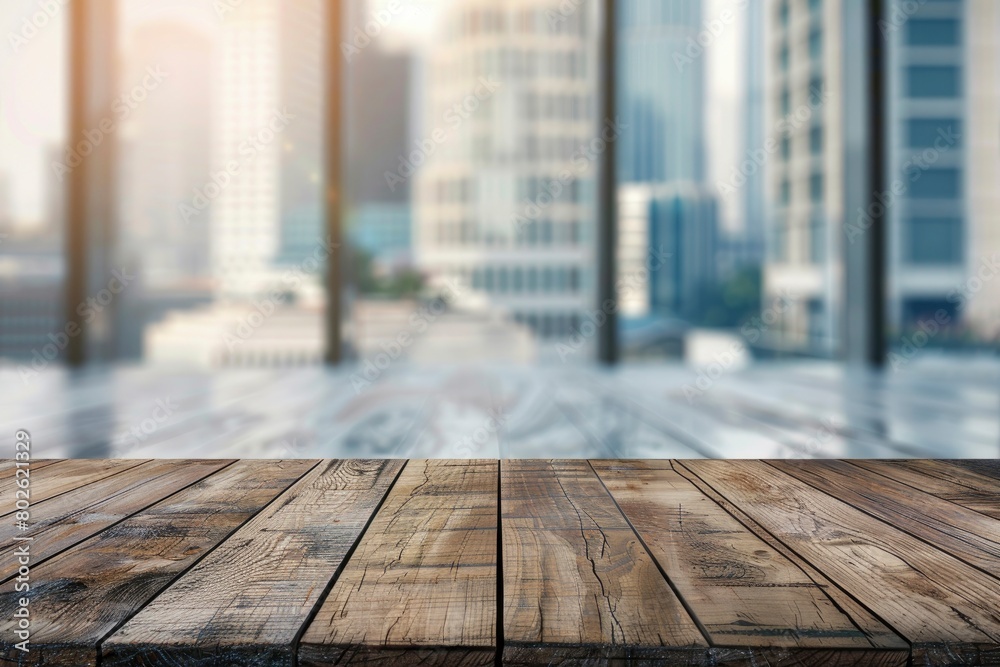 Empty wood table top and blur glass window wall building banner mock up abstract background - can used for display or montage your products - generative ai Empty wood table top and blur glass window wall building banner mock up abstract background - can used for display or montage your products - generative ai