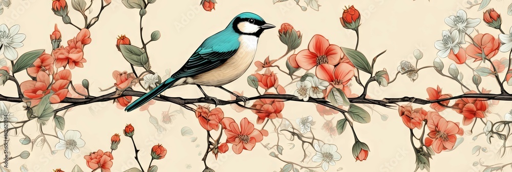 A small blue bird sits on a branch with delicate pink flowers. The background is a soft cream color. The image has a vintage, hand-painted feel.