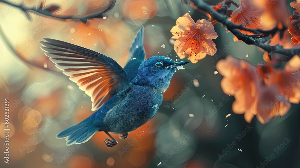 A small blue bird with orange wings is flying towards a branch of orange blossoms