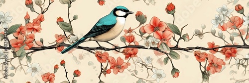 A small blue bird sits on a branch with delicate pink flowers. The background is a soft cream color. The image has a vintage, hand-painted feel.