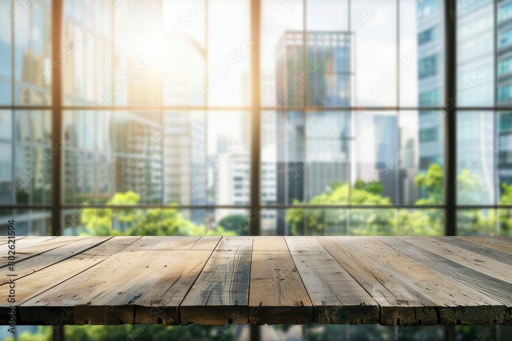 Empty wood table top and blur glass window wall building banner mock up abstract background - can used for display or montage your products - generative ai Empty wood table top and blur glass window wall building banner mock up abstract background - can used for display or montage your products - generative ai
