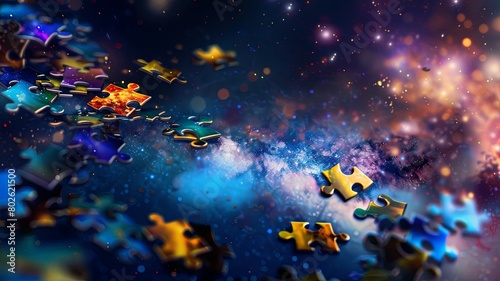 Colorful puzzle pieces scattered on a table. The background is a dark blue starry night sky.