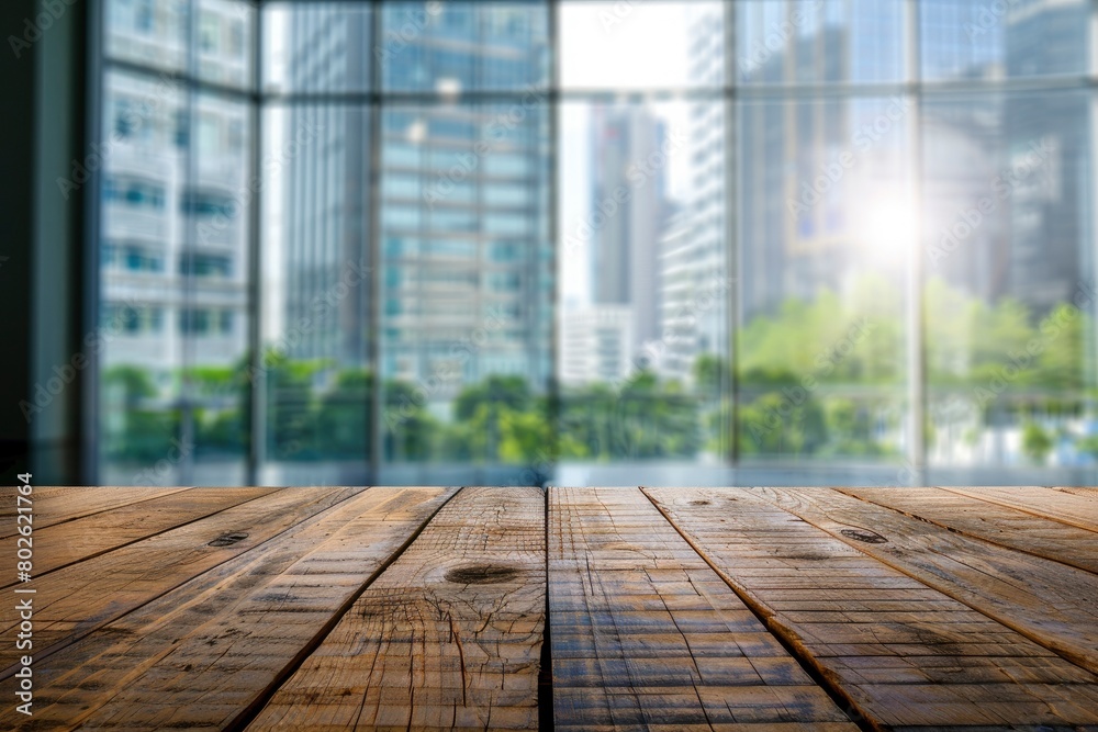 Empty wood table top and blur glass window wall building banner mock up abstract background - can used for display or montage your products - generative ai Empty wood table top and blur glass window wall building banner mock up abstract background - can used for display or montage your products - generative ai