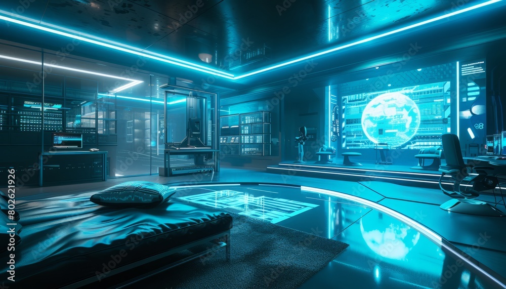 Gaming room with holographic elements creating immersive futuristic environment for gaming blending virtual and physical spaces visually dynamic setting.