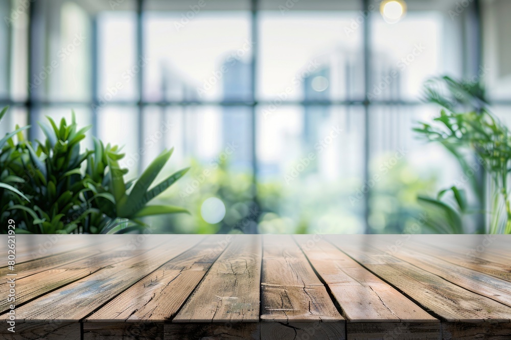 Empty wood table top and blur glass window wall building banner mock up abstract background - can used for display or montage your products - generative ai Empty wood table top and blur glass window wall building banner mock up abstract background - can used for display or montage your products - generative ai