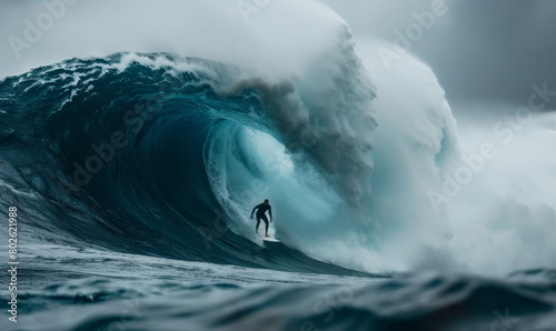 surfer riding huge wave . focus on entire surf breach and water