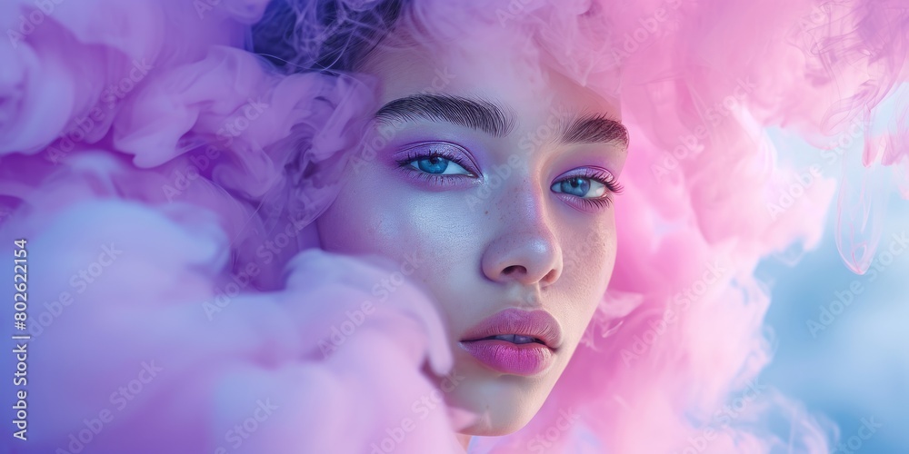 Close-up portrait of a young woman with captivating eyes surrounded by swirling pink clouds, Serene beauty amidst ethereal pink clouds