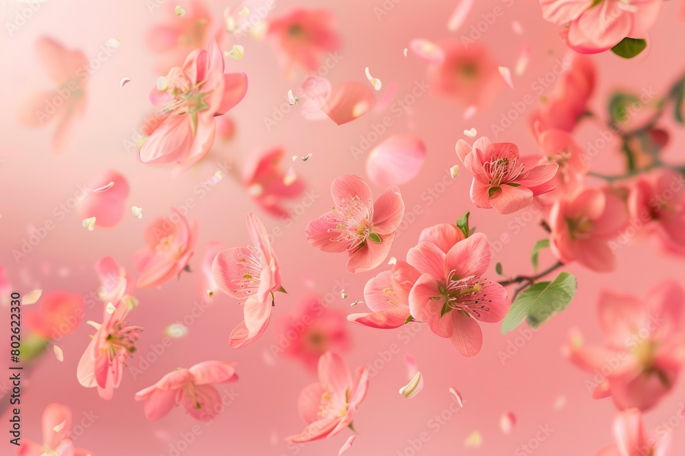 Fresh quince blossom, beautiful pink flowers falling in the air isolated on pink background. Zero gravity or levitation, spring flowers conception, high resolution image - generative ai