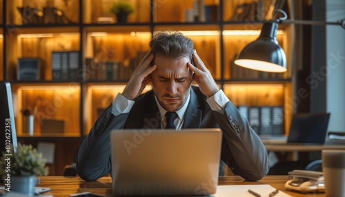 Photo of man in suit in office massaging head expressing stress headache creating scene of workplace tension need for relief. photo