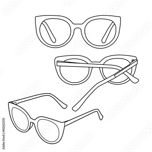 Technical sketch drawing of sunglasses line art, flat sketch vector illustration. Isolated on a white background.