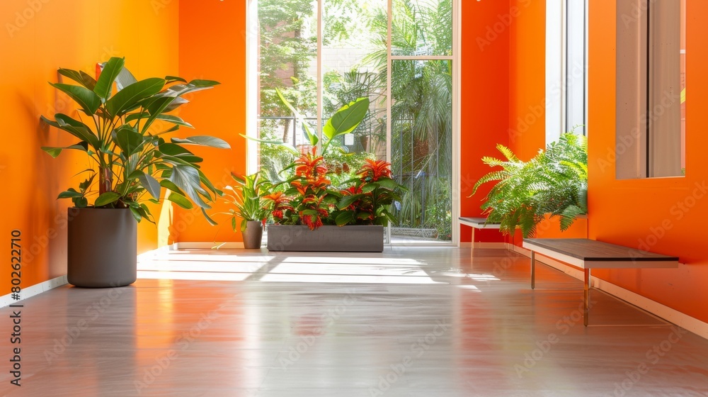 Vibrant Modern Indoor Plant Corner with Bright Orange Walls and Large Windows
