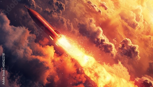 Picture of red rocket with flames at base ready to ascend into sky capturing powerful thrilling moment of rocket launch.