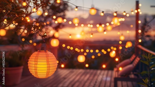 Cozy outdoor terrace with outdoor string lights 